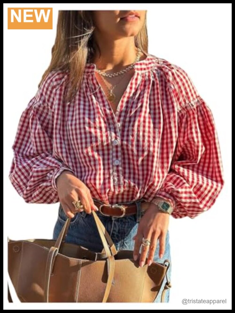 Red Gingham Plaid Button Down Shirt Long Lantern Sleeve V Neck Womens Summer